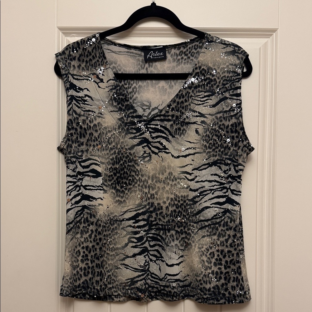 Ardene Sequin Leopard Print Blouse - Black and Cream